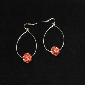 Hoop Earrings Silver Tone Orange Octagon Bead Disc